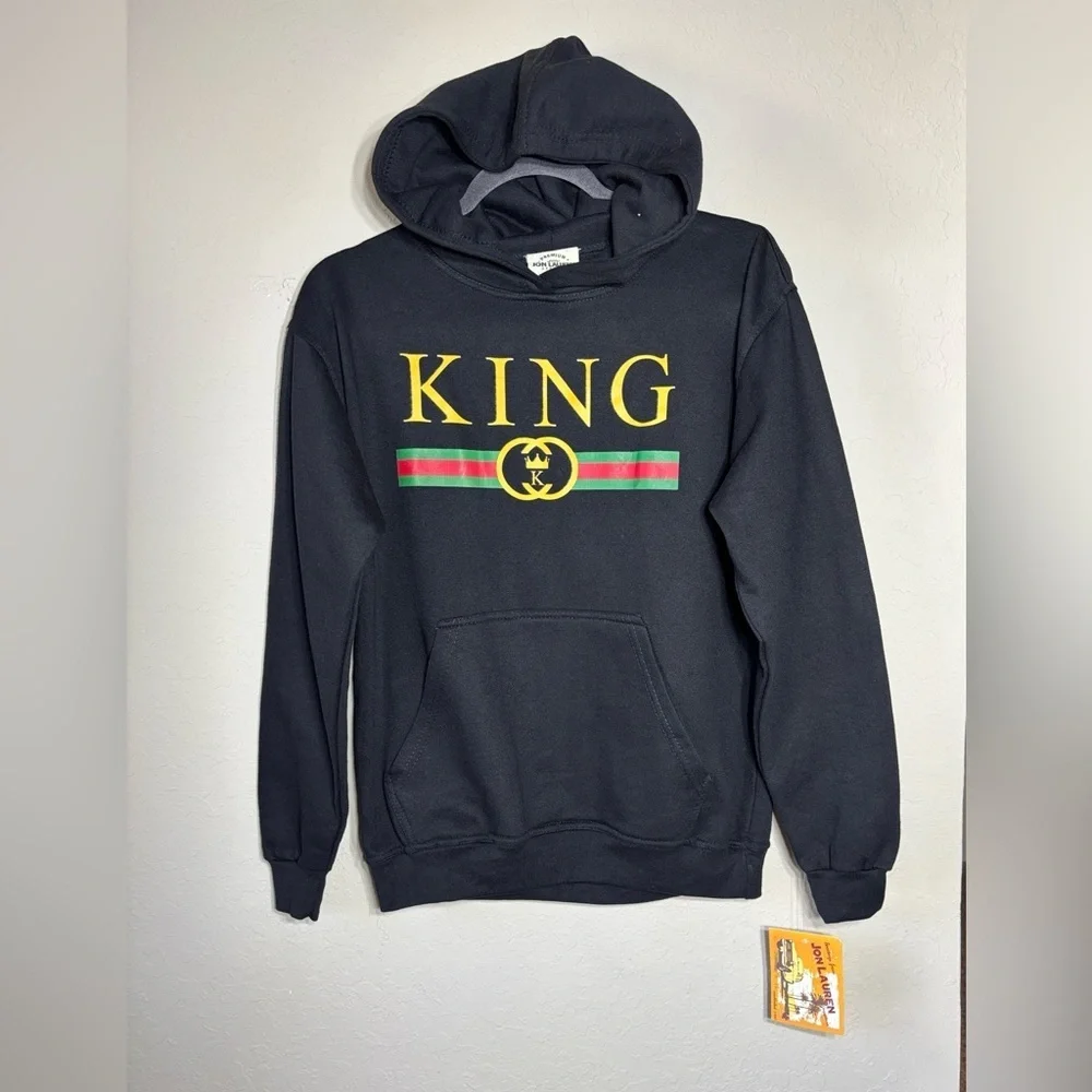 Jon Lauren Junior’s Black Sweatshirt Hoodie with Gold “King” logo NWT Size L